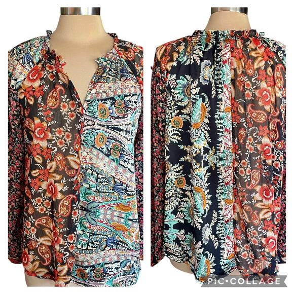 Umgee Mixed Print Paisley Floral Sheer Chiffon Top MED Bohemian Long Sleeve Fall - Picture 1 of 9